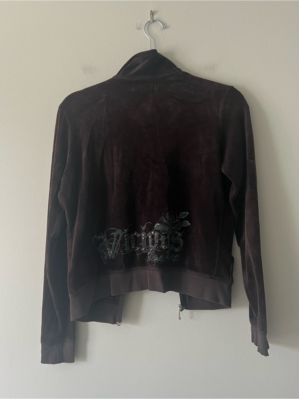 Juicy Couture 2005 Brown Velour Vicious Track Jacket Rhinestone Logo Y2K Large